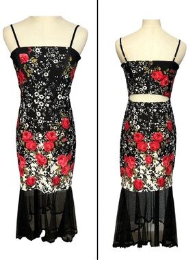 VTG Y2K Floral Lace Mesh Mermaid Cut Out Midi Dress Black Red Rose Sleeveless XS